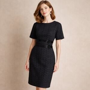 Vintage 1960s Black Eyelet Wiggle Midi Semiformal Dress M